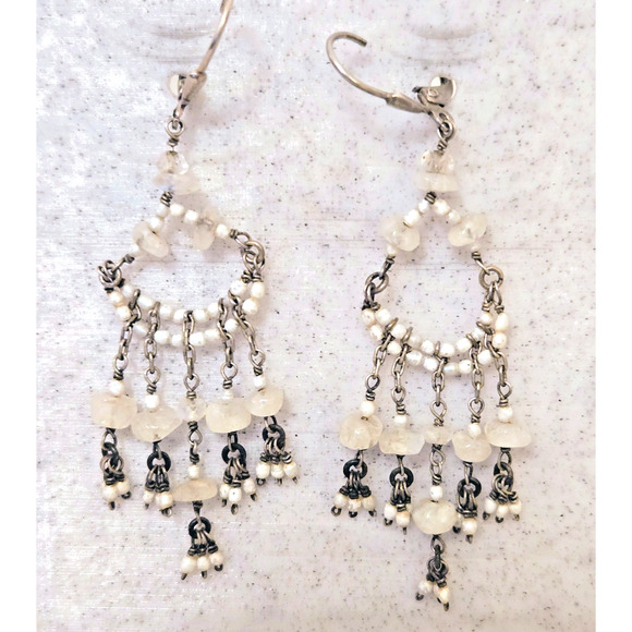 Handmade Long Dangle Chandelier Earrings Moonstone with sterling silver earwires - Picture 4 of 7